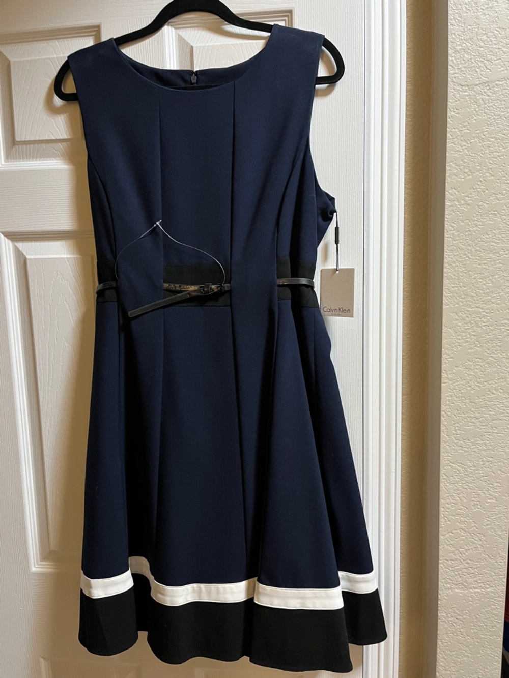 Calvin Klein Navy Dress with Black and White Hem Trim